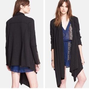 Free People In The Loop Cardigan Black French Terry Waterfall Pockets Small